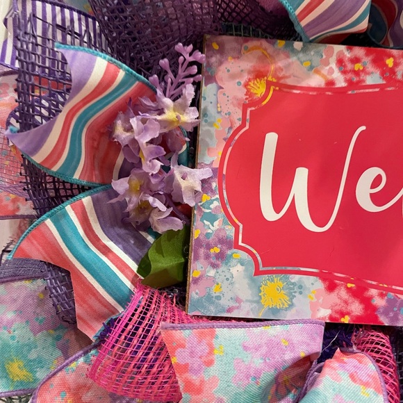 “Welcome” wreath - happy colorful 24” super full wreath! Very luxe ribbons! - Picture 4 of 8